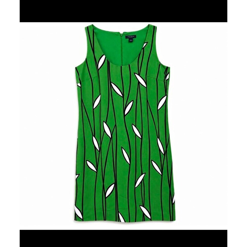 Ann Taylor Dress 0 Green Leaf Print Sleeveless Shift Mod Retro Garden Lined